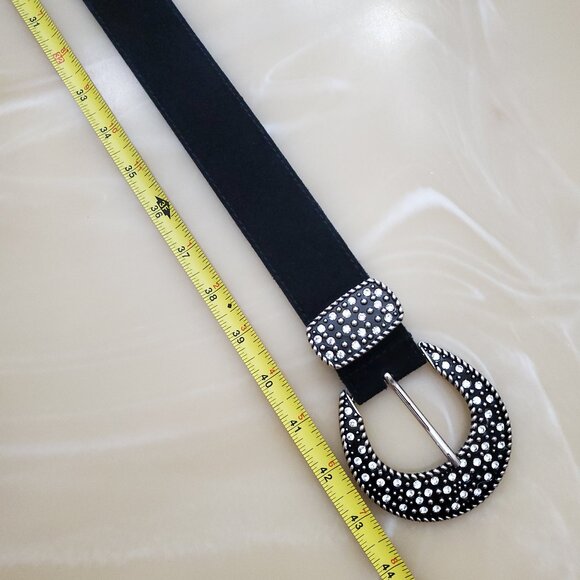 Genuine Italian Leather Belt Bling Buckle Rhinestones Silver Tone Hardware - Picture 10 of 15